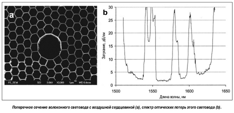 Поперечное сечение волоконного световода с воздушной сердцевиной и спектр оптических потерь этого световода